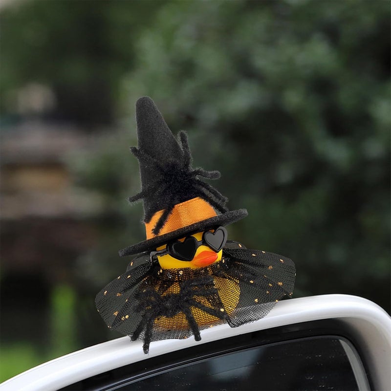 wonuu Car Dashboard Spider Witch Rubber Ducks for Halloween, Decorations Duck for Office Desk Ornament Accessories with Hat Glasses Skirt, for Halloween Party Gifts (Gold Point Skirt Orange) - Image 2